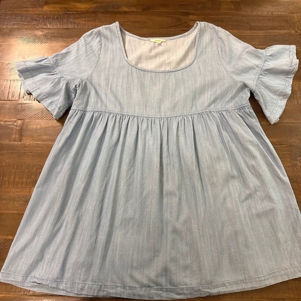 Easel Babydoll Top Medium Light Blue Excellent Ruffle Flutter Sleeve Chambray